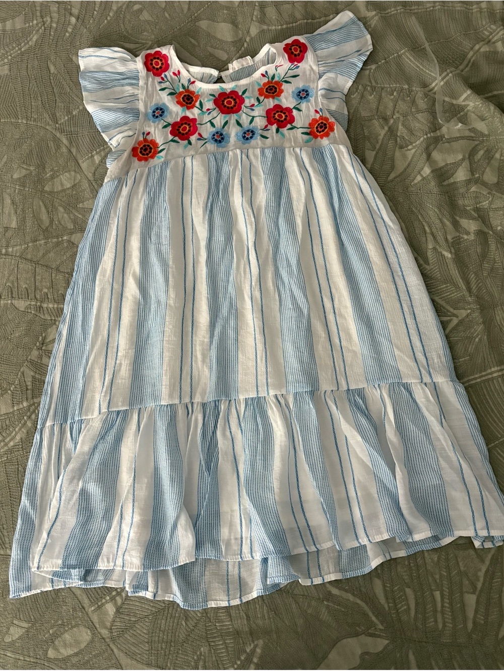 Blue & White Striped Embroidered Midi Dress